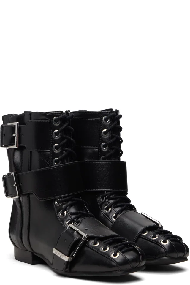 GANNI Black Eyelets Lace Up Boots, photo 4 of 5 from SSENSE