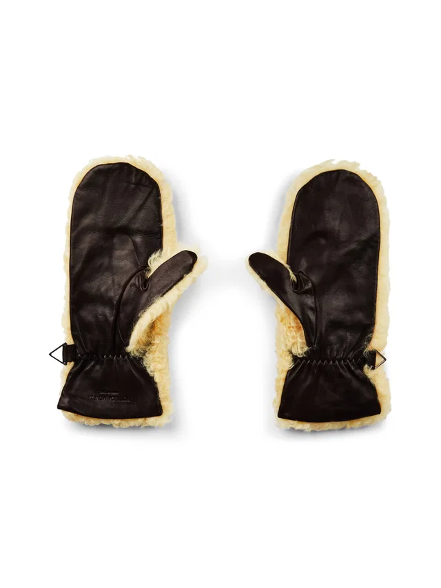 Bottega Veneta Teddy Shearling And Leather Logo Gloves — Beige in Beige Leather from HEWI