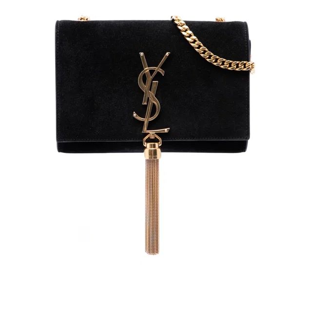 Black Saint Laurent Small Velvet Monogram Kate Tassel Crossbody in Black Velvet from Designer Revival