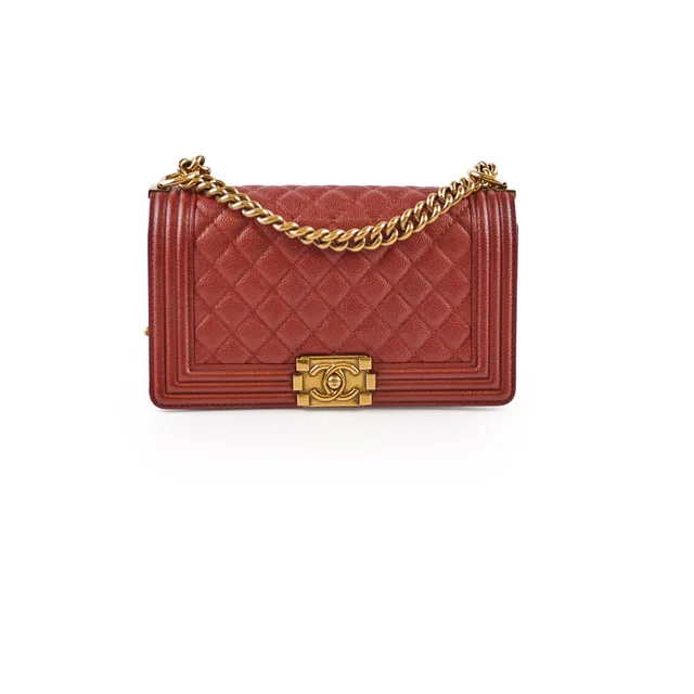 Chanel Medium Boy Flap Bag Brick Red Caviar 20 series in Red Caviar leather from The Purse Affair