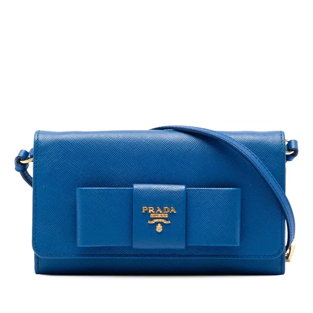 Blue Prada Saffiano Lux Bow Wallet On Strap Crossbody Bag in Blue Saffiano leather from Designer Revival