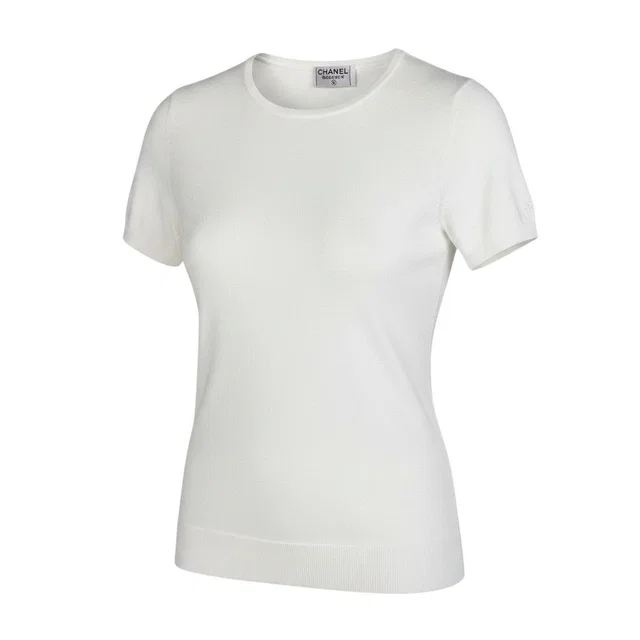 Chanel CC Logo Short Sleeve Knit Sweater 40 White Cotton in White from The Reluxe