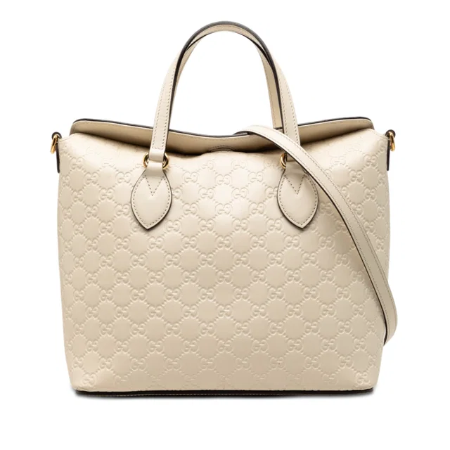 Beige Gucci Guccissima Linea A Fold Over Satchel in Beige Leather from Designer Revival