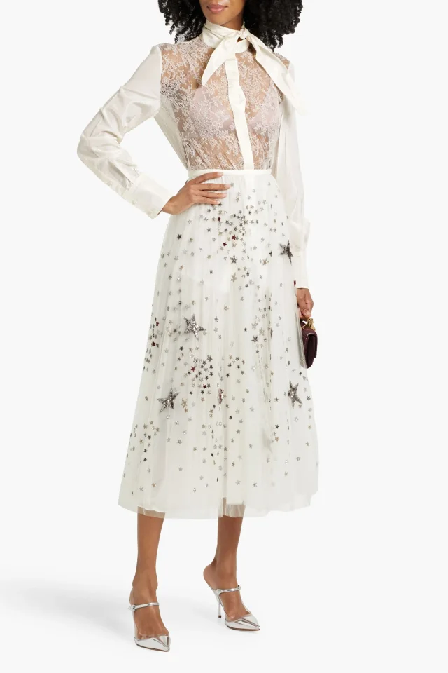 Valentino Garavani Tie-Neck Lace-Paneled Silk-Habotai Shirt in White, photo 2 of 4 from THE OUTNET