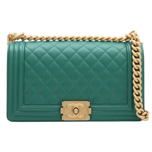 2018 Caviar Skin Boy Chanel Chain Shoulder Bag Green in Green Caviar leather from VINTAGE QOO TOKYO