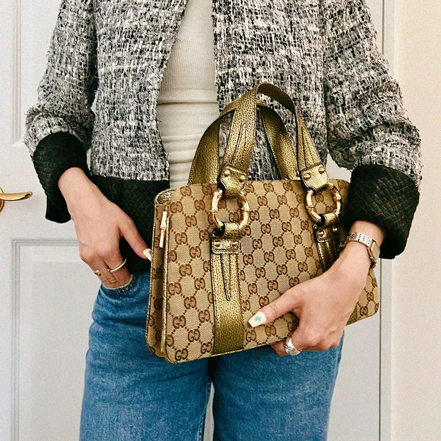 Gucci Canvas GG Pattern Bamboo Handbag Beige/Gold in Beige Canvas from VINTAGE QOO TOKYO