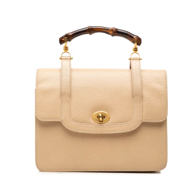 Beige Gucci Calfskin Turnlock Bamboo Top Handle Bag Satchel in Beige Calfskin from Designer Revival