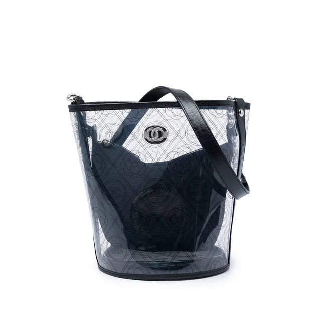 Black Chanel Medium PVC and Crumpled Calfskin Camellia Coco Bucket Bag in Black Calfskin from Designer Revival