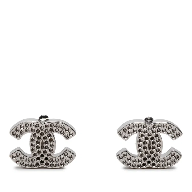 Silver Chanel CC Brass Perforated Clip On Earrings in Silver from Designer Revival