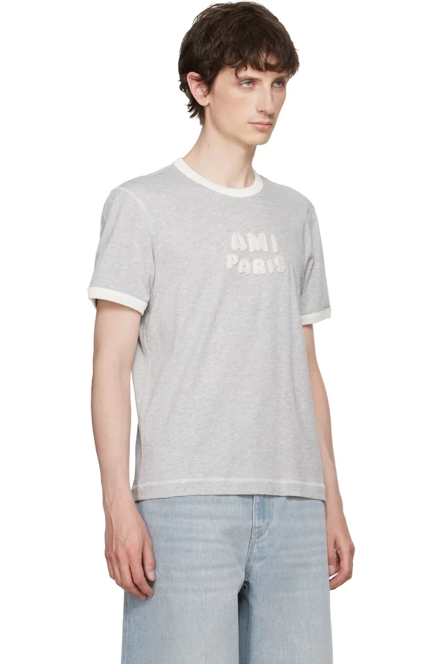 Gray Cotton 'Ami Paris' Knitted Patch T-shirt, photo 2 of 3 from SSENSE