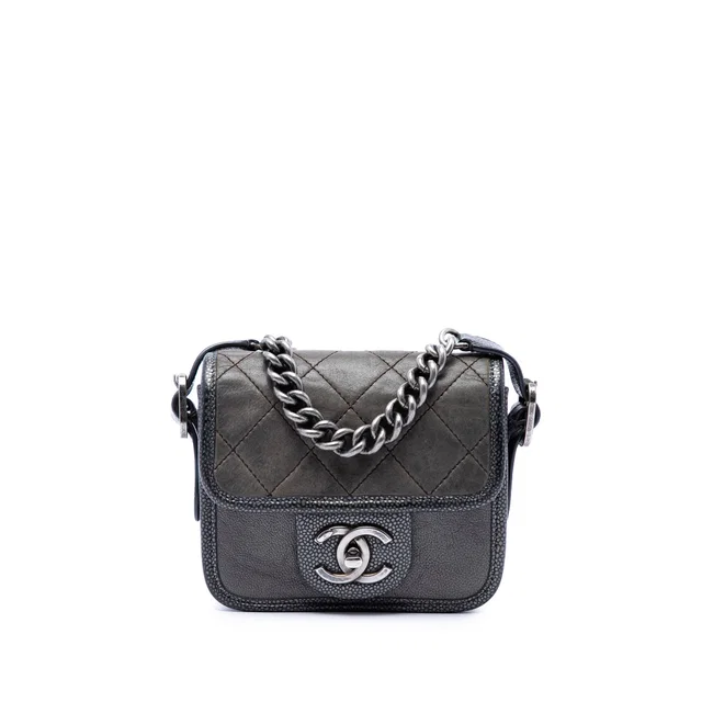 Grey Chanel Paris Bombay Mini Quilted Iridescent Calfskin Back to School Single Flap Crossbody… in Grey Calfskin from Designer Revival