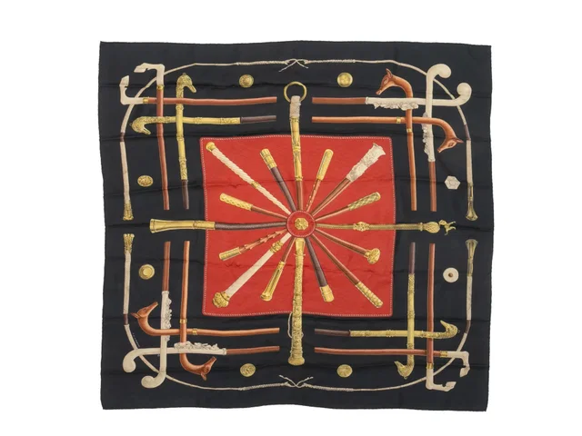 Black & Multicolor Hermes Cannes et Pommeaux Motif Silk Scarf in Black Silk from Designer Revival