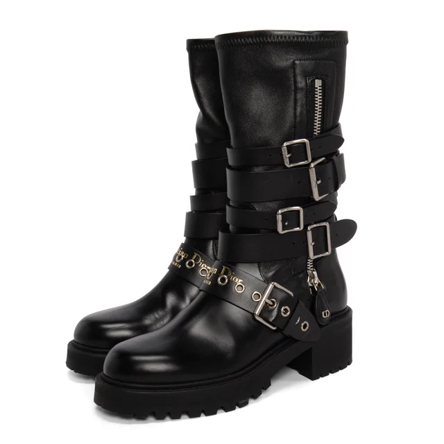 Dior Calf D-Fight Buckled Boots 38 in Black from Blue Spinach