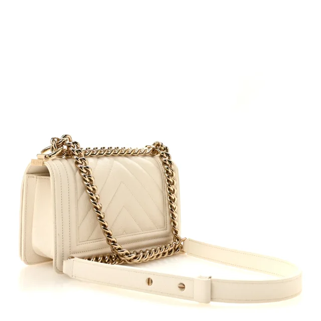 Chanel Caviar Chevron Quilted Small Boy Flap White in White Caviar leather from FASHIONPHILE, photo 3 of 14