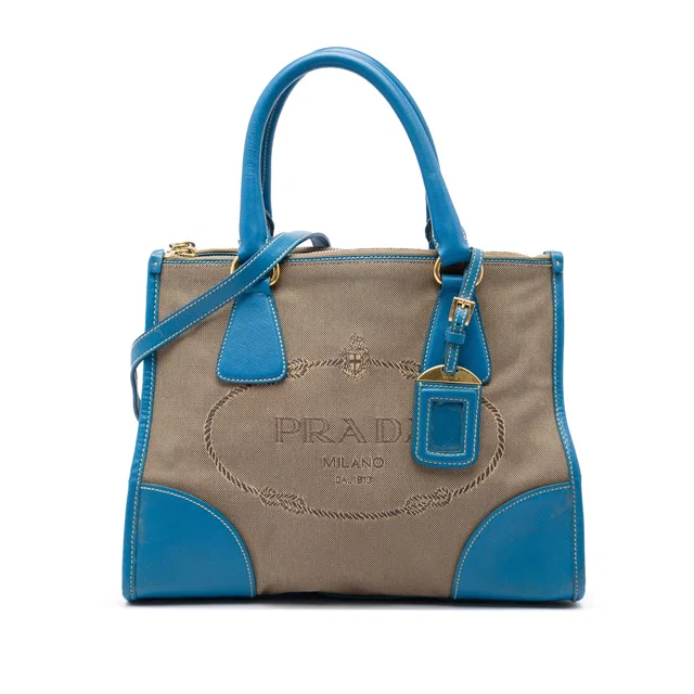 Brown Prada Saffiano Trimmed Canvas Canapa Logo Double Zip Satchel in Brown Saffiano leather from Designer Revival