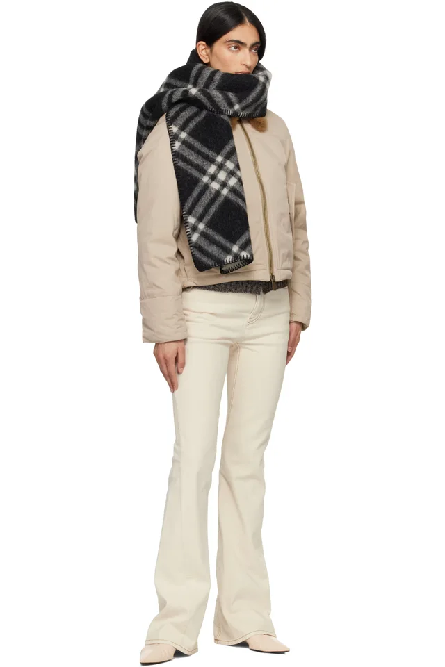 Burberry Beige Shearling Collar Gabardine Down Bomber Jacket, photo 4 of 4 from SSENSE