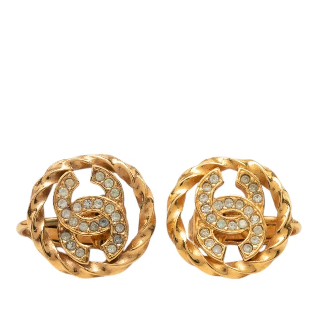 Gold Chanel CC Gold Plated Strass Round Rope Clip On Earrings in Gold from Designer Revival
