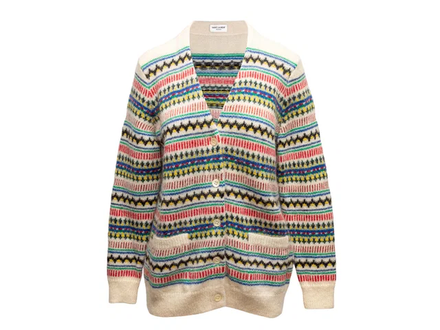 Cream & Multicolor Saint Laurent Wool & Mohair-Blend Cardigan Size US XS in White Wool from Designer Revival