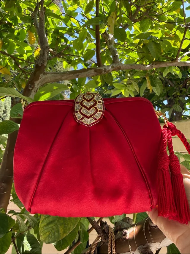 Judith Leiber Triple Heart Jeweled/Crystal/Y2k Ruby Red Satin Evening Bag in red Satin from Poshmark, photo 1 of 1