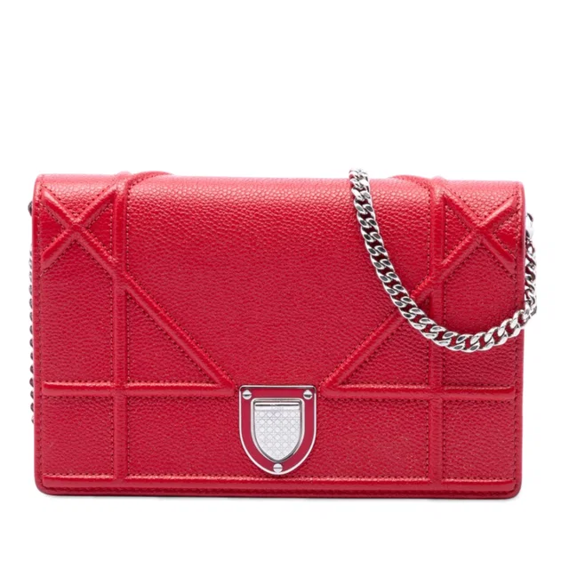 Red Dior Grained Calfskin Diorama Wallet on Chain Crossbody Bag in Red Caviar leather from Designer Revival