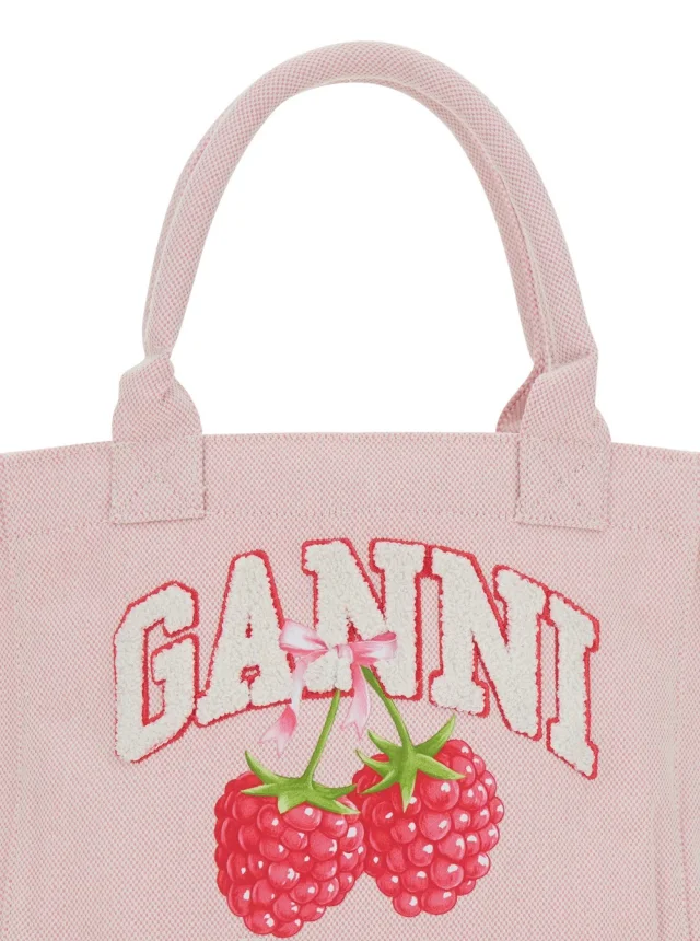 GANNI Pink Small Tote Bag with Raspberry Print and Logo Lettering on the Front in Cotton for Women in Pink, photo 9 of 10 from Gaudenzi Boutique