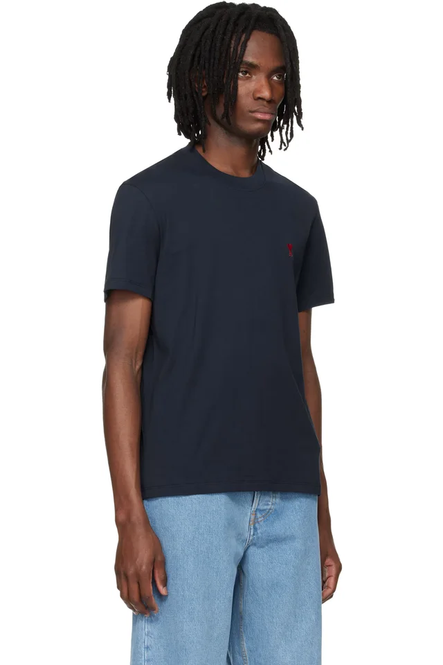 AMI Paris Navy Cotton Red Ami de Coeur T-shirt, photo 2 of 4 from SSENSE