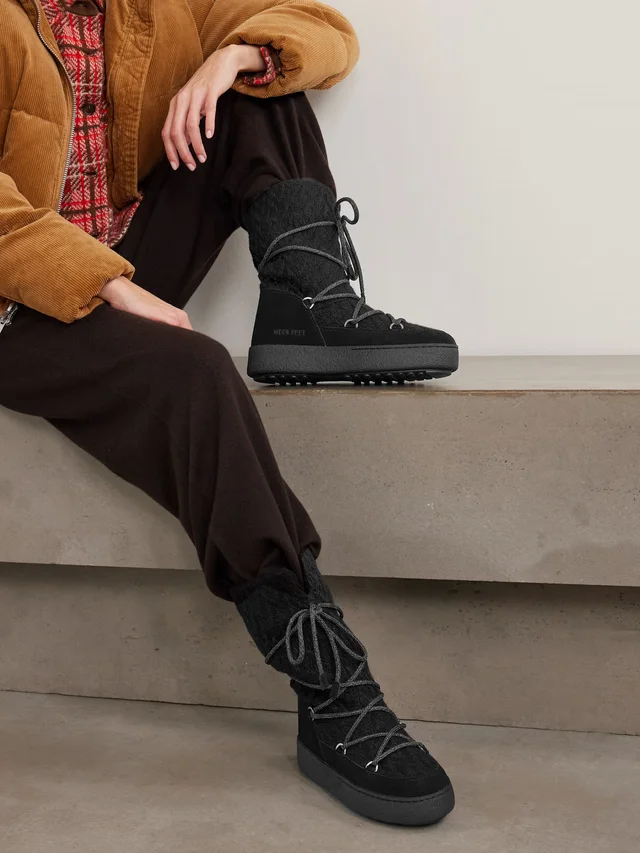 MOON BOOT + Guest in Residence Ltrack suede-trimmed knitted snow boots in Black, photo 2 of 2 from NET-A-PORTER (Canada)