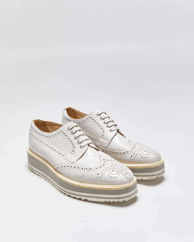 Prada Women's Pale Grey Patent Leather Platform Brogues - UK2.5 in Grey Patent leather from Rokit Vintage