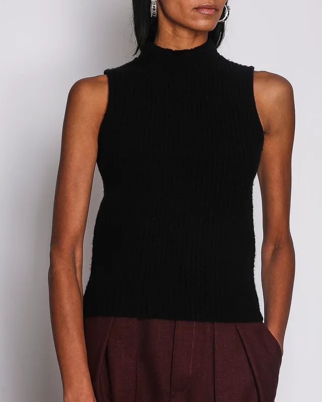 Hermès Black Sleeveless Ribbed Mock neck Jumper Size FR 34 (UK 6) in Black Silk from Sellier