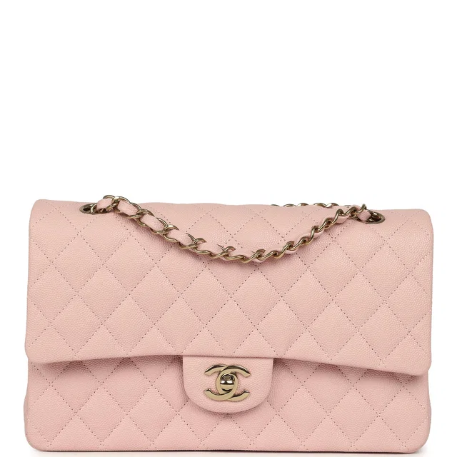 Chanel Medium Classic Double Flap Bag Light Pink Caviar Light Gold Hardware in Pink Caviar leather from Madison Avenue Couture