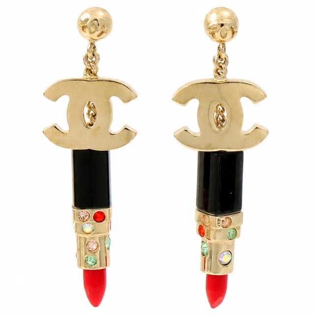 Chanel 2004 CC Mark Lip Motif Swing Earrings Gold/Black in Black from VINTAGE QOO TOKYO