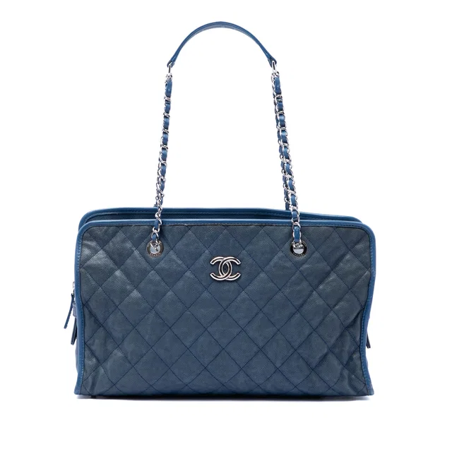 Blue Chanel Quilted Caviar French Riviera Tote in Blue Caviar leather from Designer Revival