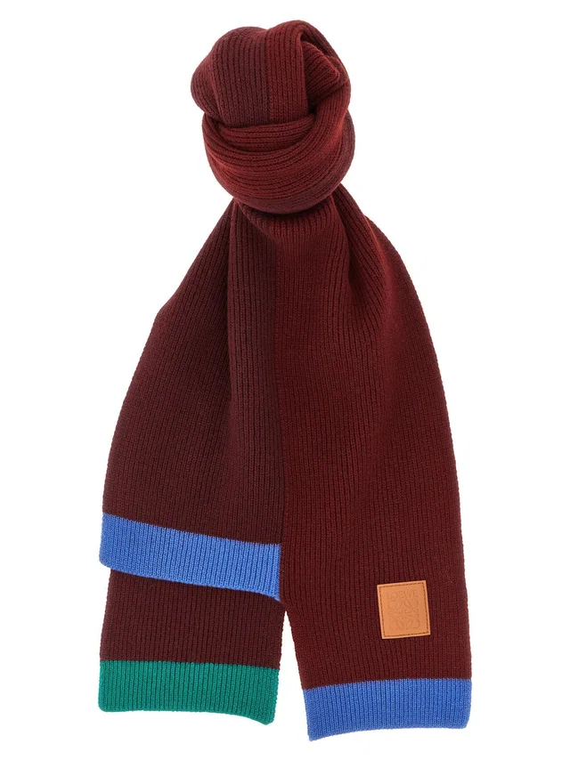 Loewe Ribbed Wool With Contrast Trim Scarf — Burgundy Scarfs in Burgundy Wool from HEWI