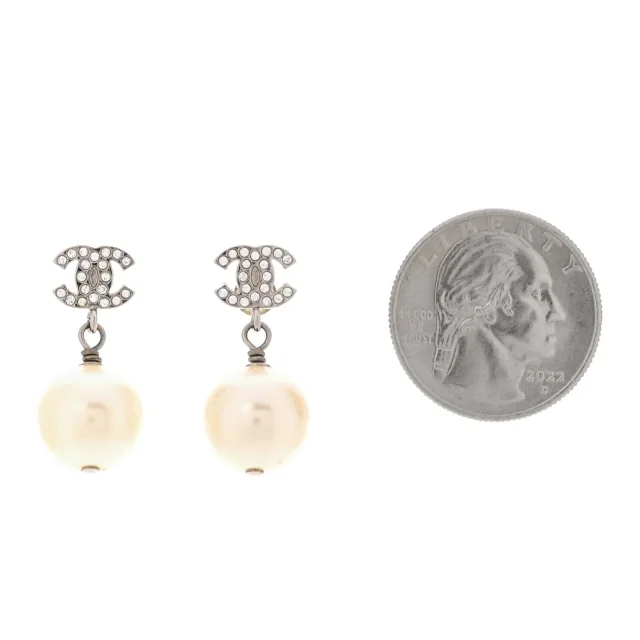 Chanel Crystal Pearl CC Drop Earrings Silver Pearly White in White Resin from FASHIONPHILE, photo 2 of 5