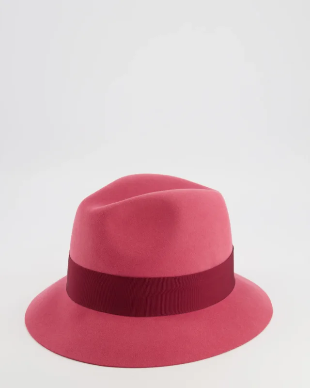 Loro Piana Hot Pink Baby Cashfelt Hat with Burgundy Ribbon and Champagne Gold Logo Detail Size S in Burgundy Cashmere from Sellier, photo 6 of 10
