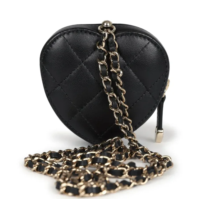 LONDON LOCATED* CHANEL MINI HEART NECKLACE Black Lambskin Leather with Champagne-Toned Metal in Black Lambskin from Luxury Promise, photo 6 of 14