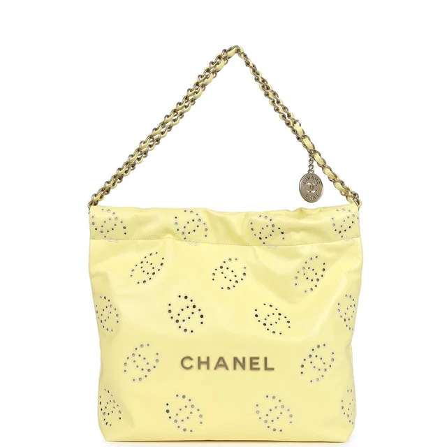 Chanel Small 22 Bag Yellow Shiny Calfskin Brushed Gold Hardware in Yellow Calfskin from Madison Avenue Couture