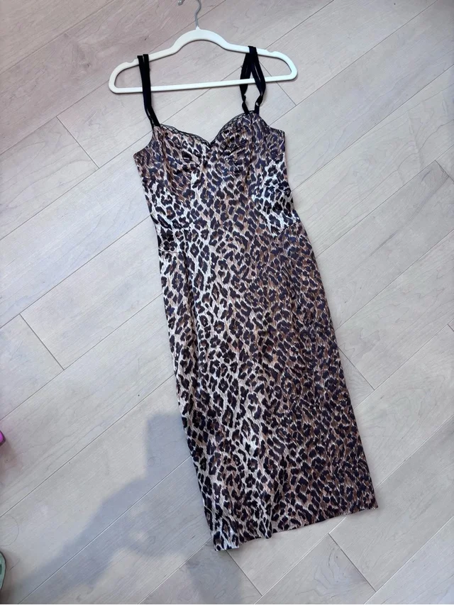 Dolce & Gabbana Brown Leopard-Print Midi Bodycon Dress With Black Straps in black|brown|red from Poshmark