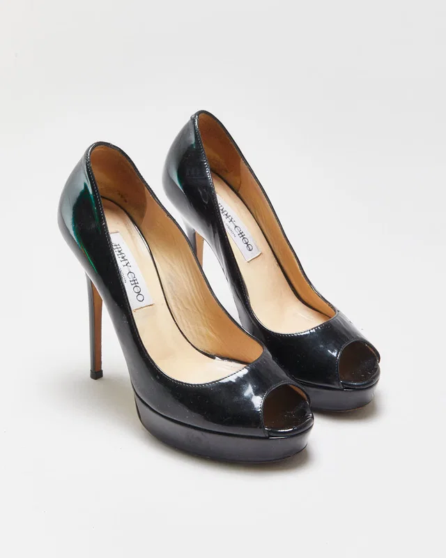 Jimmy Choo Patent Leather Platform Peep Toe Heels - UK4 in Patent leather from Rokit Vintage