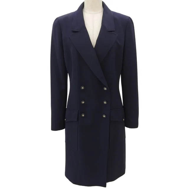 Chanel 1997 Vintage Wool CC Mark Long Coat #40 Navy in Navy Wool from VINTAGE QOO TOKYO