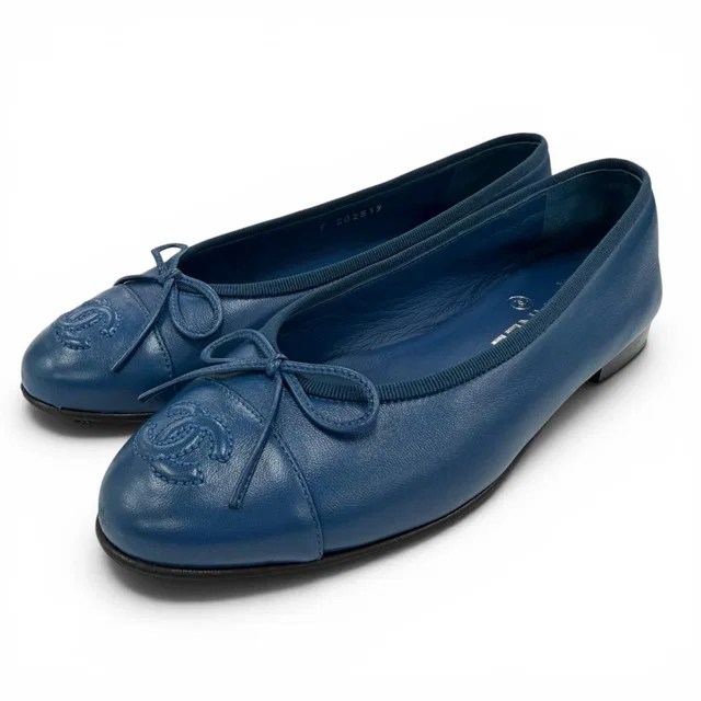 Chanel Ballerina CC Logo Ribbon Leather Flat Pumps Ballet Shoes Navy in Navy Leather from The Reluxe