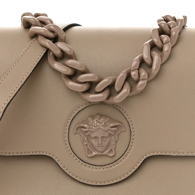 Versace Grained Calfskin La Medusa Flap Shoulder Bag Taupe in Taupe Caviar leather from FASHIONPHILE, photo 7 of 13