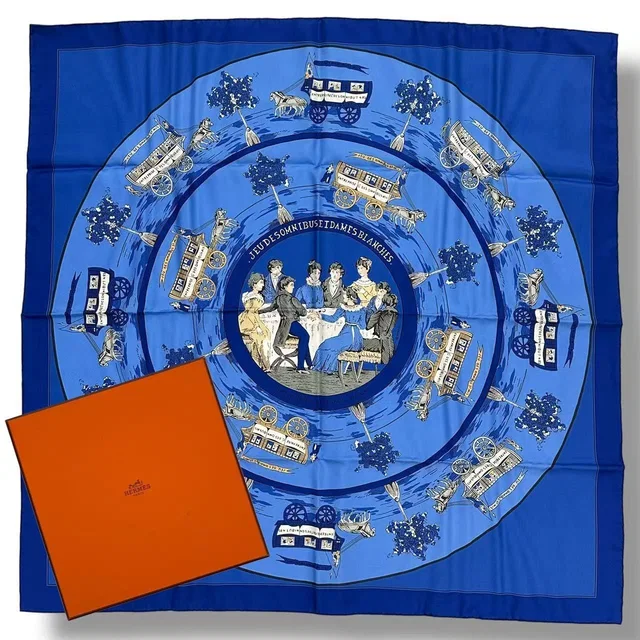 Hermès Scarf Jeu Des Omnibus Et Dames Blanches And White Game Blue in White Silk from The Reluxe