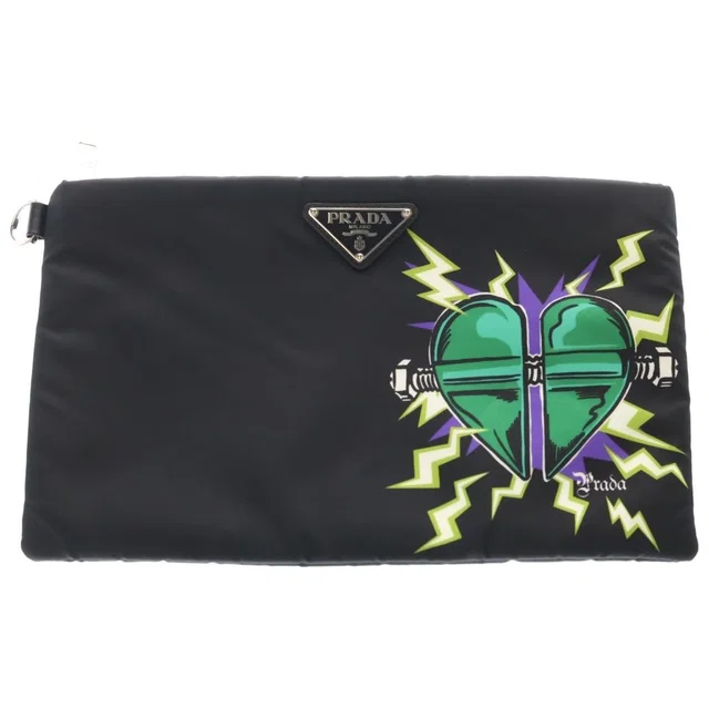 Prada Frankenstein Heart Nylon Bolt Clutch Pouch Black in Black Nylon from The Reluxe