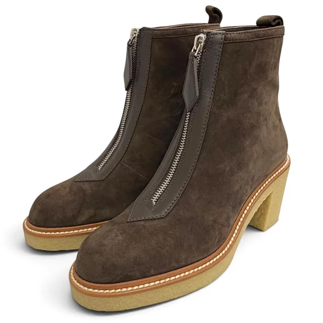 Hermès Single 55 Suede Leather Center Zip Ankle Boots Short Dark Brown in Brown Suede from The Reluxe