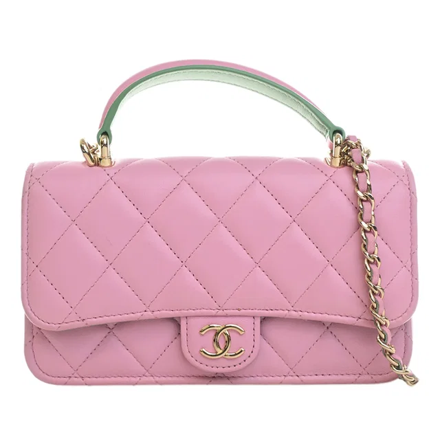 Pink Chanel CC Quilted Lambskin Top Handle Phone Holder with Chain Satchel in Pink Lambskin from Designer Revival