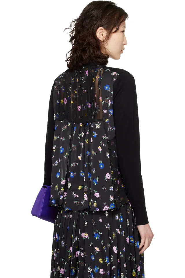 sacai Black Floral Print Cotton Knit Cardigan, photo 3 of 4 from SSENSE