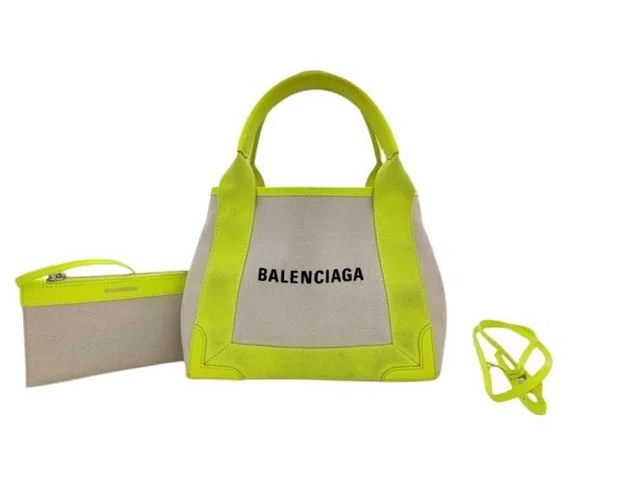 Balenciaga Handbag Navy Cabas XS Yellow Beige Canvas Leather 2-Way in Beige Canvas from The Reluxe
