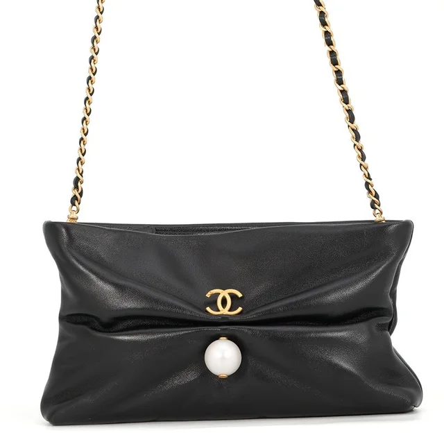 Chanel Chain Shoulder Bag CC Logo Clutch Faux Pearl Shiny Lambskin 2-Way Black in Black Lambskin from The Reluxe