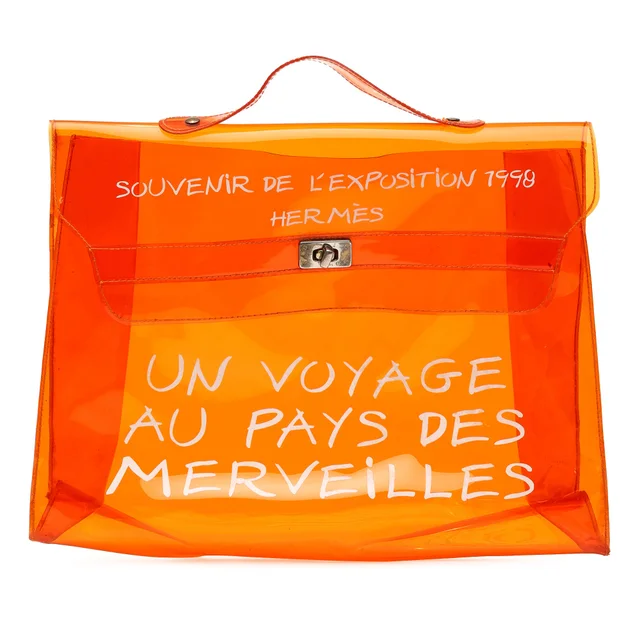 Orange Hermès Vinyl Souvenir De L Exposition Kelly Handbag in Orange from Designer Revival